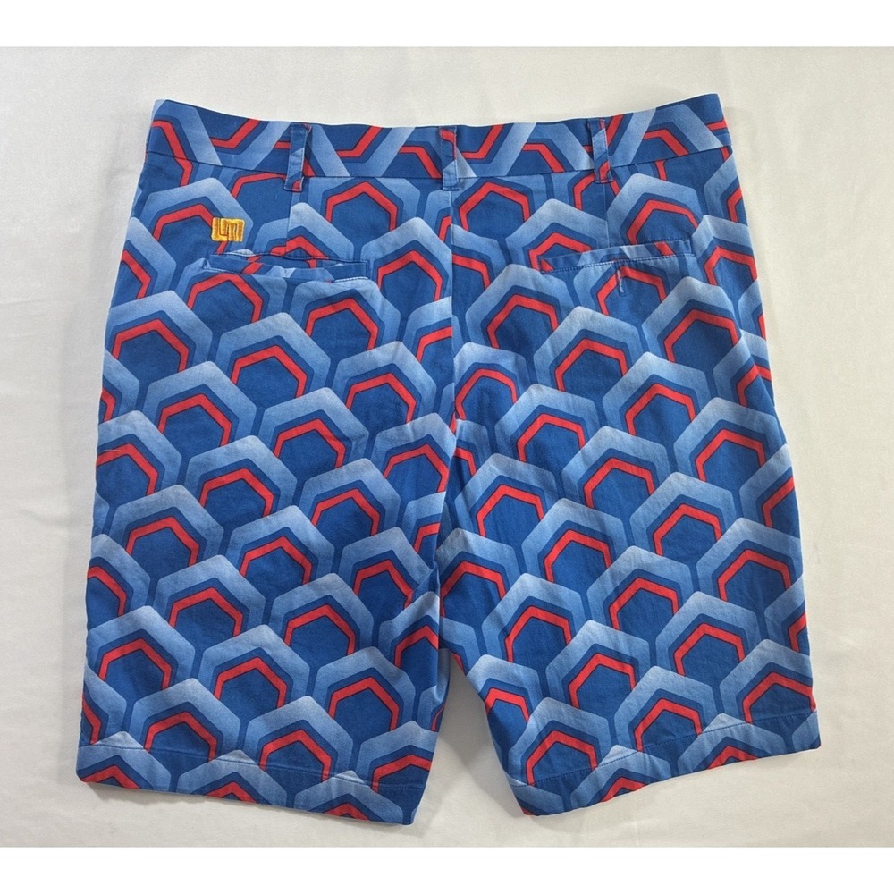 LOUDMOUTH GOLF Mens Sz 36 Blue Lounge Lizard Geo Print Stretch Cotton 10" Inseam